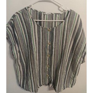 Liz Claiborne Womans Size XL Linen Blend Stripe Button Top Blouse Casual